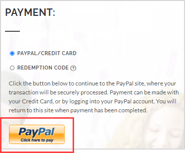 The PayPal button appears below the payment options on the Webstore payment page when the PayPal/credit card option is selected.